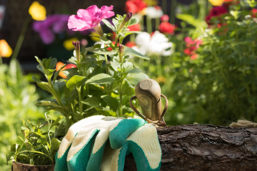 Gartenhandschuhe und Pflanzkelle vor blühenden Petunien im sonnigen Sommergarten
