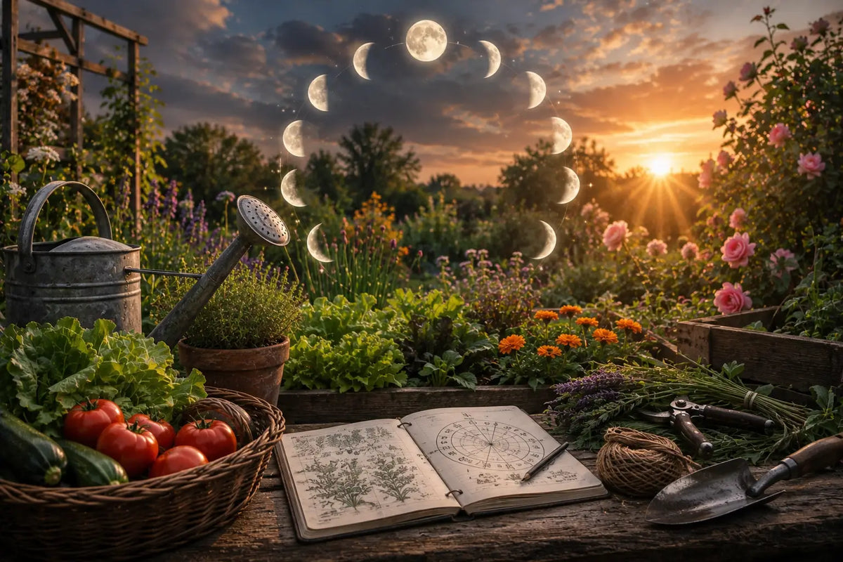 Gemüsegarten bei Sonnenuntergang mit Mondphasen, Blumen und Gartengeräten auf einem Holztisch.