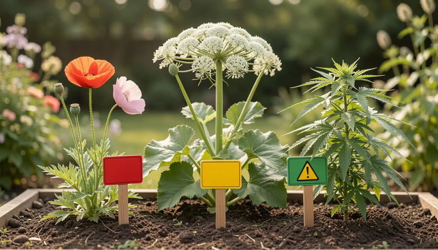 Gartenbeet mit Pflanzen und Warnschildern zeigt erlaubte, eingeschränkt erlaubte und verbotene Pflanzen.