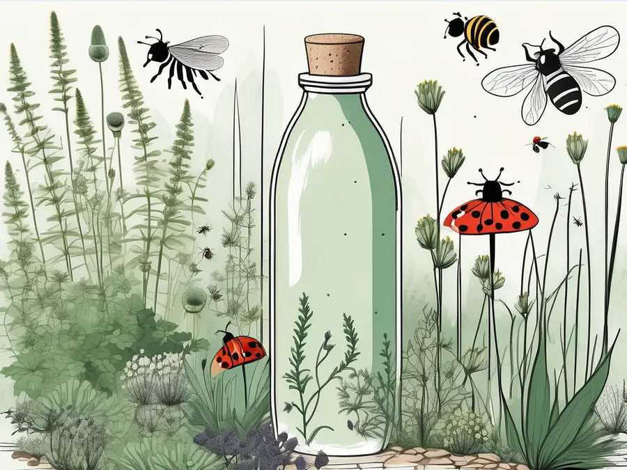 A garden scene featuring a bottle of schachtelhalmjauche (horsetail broth) with various beneficial insects like bees and ladybugs around it